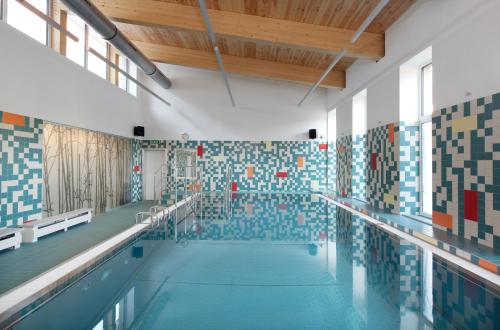 弗兰季谢克矿泉镇Badenia Hotel Praha的墙壁上设有彩色瓷砖的游泳池