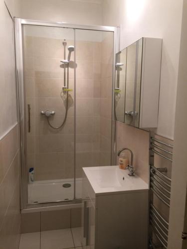 格拉斯哥Scotstoun Appartments的带淋浴和盥洗盆的浴室