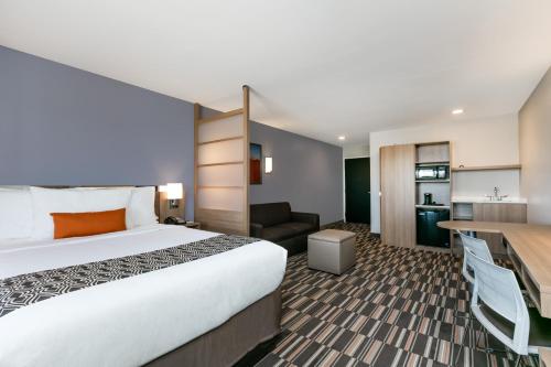 莫纳汉斯Microtel Inn and Suites by Wyndham Monahans的配有一张床和一张书桌的酒店客房