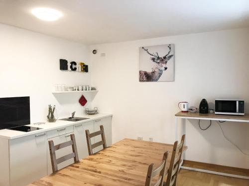 博尔扎诺Lafri Apartment的厨房以及带木桌的用餐室。