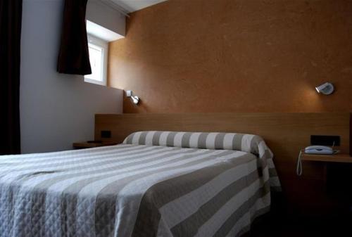 勒泊桑法兰西酒店的一间卧室配有带条纹毯子的床