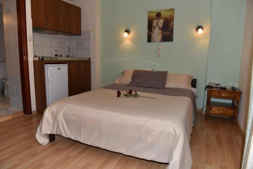 卢特拉艾季普苏40 Platania Hotel的一间带床的小卧室和一间厨房