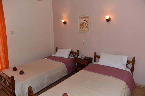 卢特拉艾季普苏40 Platania Hotel的客房设有两张床和一张带电话的桌子。