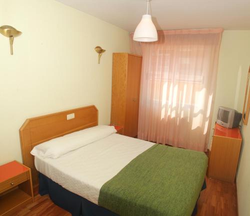 布尔戈斯阿尔兰松旅馆的小卧室配有一张带绿毯的床