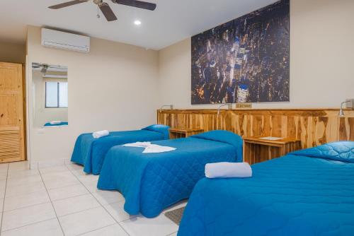 格拉纳达Hotel Los Chilamates的一个房间,有三张蓝色的床,一个教室