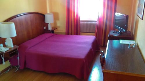 斯特拉斯堡欧朗吉里酒店的一间卧室配有一张紫色的床和一台电视机