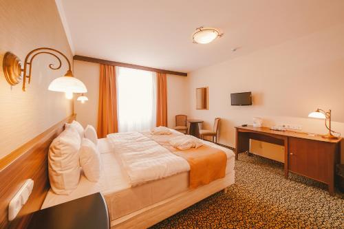赫维兹黑维兹公园酒店的配有一张床和一张书桌的酒店客房