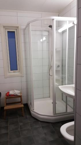 SvensbySlettvold Lyngen的带淋浴和盥洗盆的浴室
