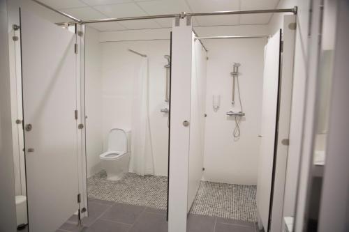 帕德隆Albergue Camiño Do Sar的白色的浴室设有卫生间和淋浴。