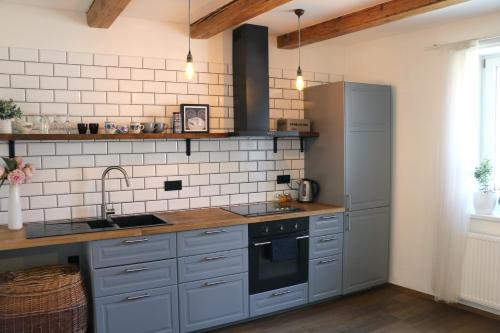 拉贝河畔布兰迪斯-斯塔拉博雷斯拉夫Onefourfour Apartment的厨房配有灰色橱柜、水槽和冰箱。