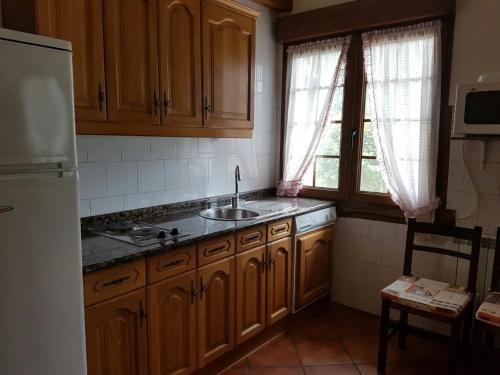 埃斯皮纳尔奥泽皮利Casa Rural Oihan - Eder的厨房配有木制橱柜、水槽和冰箱。