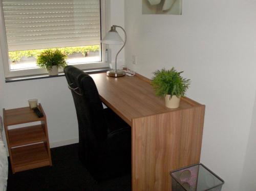 Riethoven仕乐途餐厅酒店的办公室,桌子上装有两盆植物