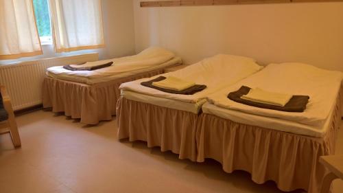 维拉特Huoneistohotelli DomusVirrat的带窗户的客房内设有两张单人床。