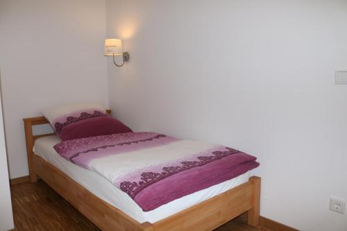 纽伦堡城市之家 - 商务公寓的一张小床,上面有紫色和白色的毯子