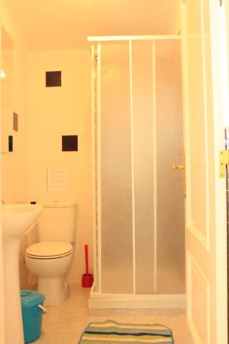 Trafaria福戈度假屋的一间带卫生间和玻璃淋浴间的浴室