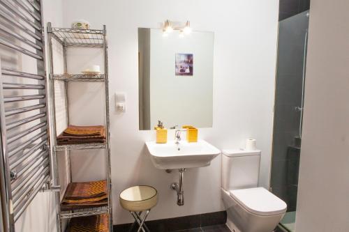 马德里塞戈维亚公寓的白色的浴室设有水槽和卫生间。