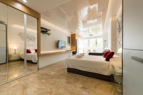 大加那利岛拉斯帕尔马斯Suites Garden Loft Munch的一间卧室配有一张大床和镜子