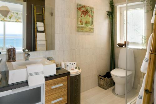 塞辛布拉CALI Deluxe Holidays, Sesimbra的一间带水槽、卫生间和镜子的浴室