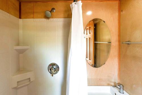 奥斯汀Tiny House的浴室配有淋浴帘和镜子