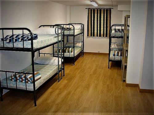 埃斯皮纳尔奥泽皮利Albergue Irugoienea的客房设有三张双层床,铺有木地板。