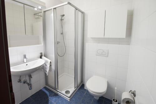 萨尔茨堡myNext - Riverside Hotel Salzburg的带淋浴、卫生间和盥洗盆的浴室