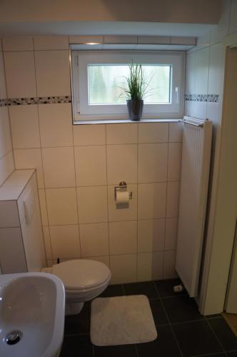 施内沃丁根gemütliche Ferienwohnung in der Lüneburger Heide的一间带水槽和卫生间的浴室以及窗户。