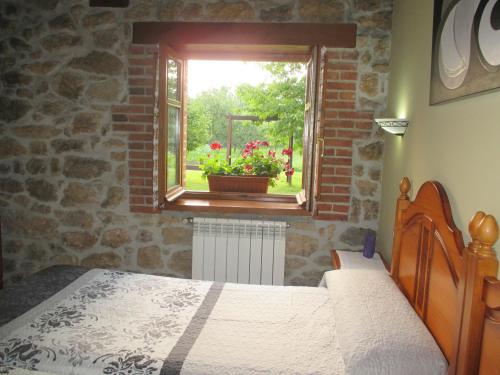 坎加斯-德奥尼斯Casa Rural El Jondrigu的一间卧室设有一张床和一个带花盆的窗户