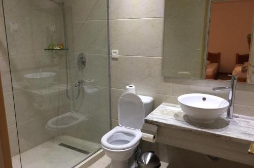 布哈拉利亚比之家酒店的带淋浴、卫生间和盥洗盆的浴室