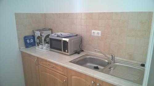 斯拉哈他门提文德公寓的厨房柜台设有水槽和微波炉