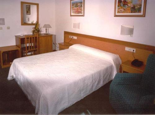 圣地亚哥－德孔波斯特拉圣维森特酒店的卧室配有白色的床和蓝色椅子