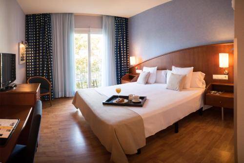 滨海托萨Hotel Delfín的酒店客房设有一张大床,上面有托盘