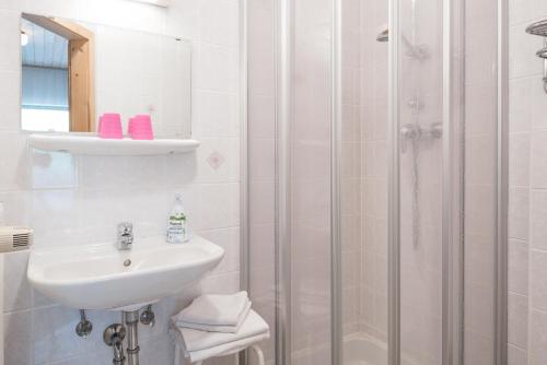 海利根布卢特鲍尔勒旅馆的白色的浴室设有水槽和淋浴。