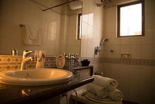 浦那Hermitage Suites Koregaon Park Garden & Terrace Room的一间带水槽、卫生间和镜子的浴室