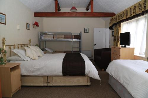 艾恩布里奇Ladywood House Bed and Breakfast的一间卧室配有两张床和电视。