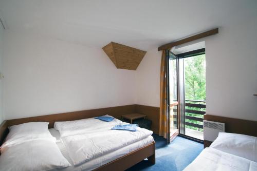捷克布杰约维采Horska chata Svetlanka的一间卧室设有两张床和大窗户