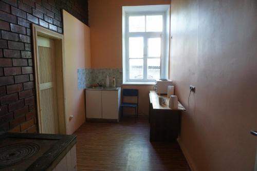 库尔迪加Pilskalnu hostelis的一个带水槽的厨房和一个窗户