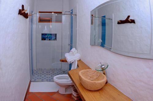 圣奥古斯丁Hotel Estorake San Agustin Huila的带淋浴、卫生间和镜子的浴室