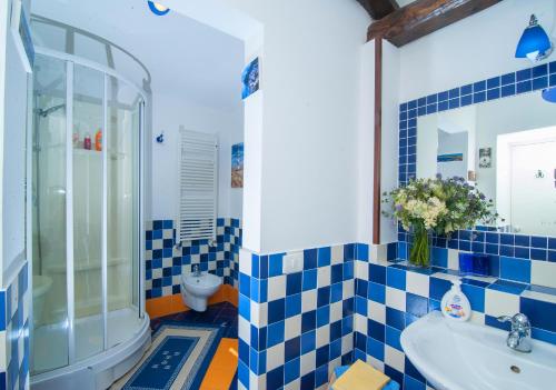 圣安吉洛里加利度假酒店的蓝色和白色的浴室设有淋浴和水槽