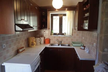 法拉萨纳Kavousi Traditional Home的厨房配有棕色橱柜、水槽和窗户。