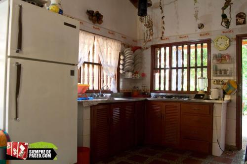 科韦尼亚斯Hostal Roldan的厨房配有白色冰箱,部分窗户