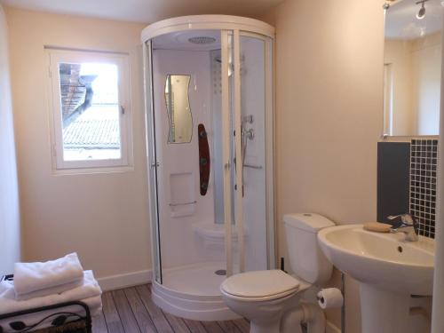 圣艾米隆杜罗伊酒店的带淋浴、卫生间和盥洗盆的浴室