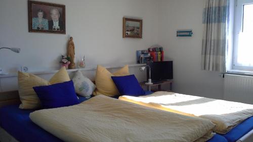 阿尔高内的伊门施塔特Haus Bergpanorama的一间卧室配有蓝色和黄色枕头的床
