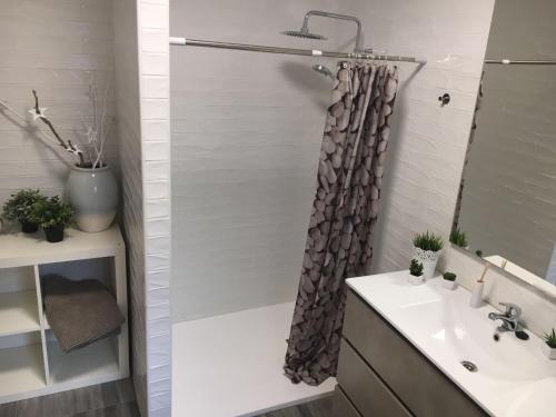 卡沃内拉斯MOLINO 7的浴室配有淋浴帘和盥洗盆。