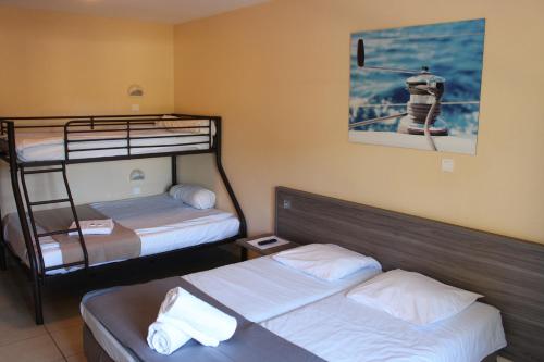 拉隆德莱丝莫里斯蔚蓝瓦莱斯假日公园的卧室配有两张双层床,墙上挂着一幅画