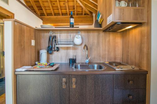 格拉纳达Apartamentos Alhambra的一个带水槽和木橱柜的厨房