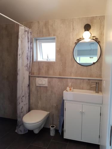 Bólstaðarhlíð波尔斯塔里奥小屋（一室公寓）的一间带卫生间、水槽和镜子的浴室