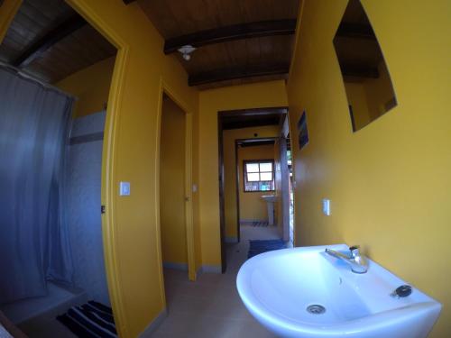 莫雷阿Painapaopao Backpacker的一间带水槽和黄色墙壁的浴室