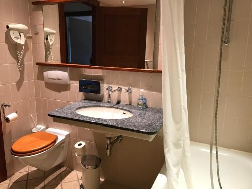 赫尔辛格Marienlyst Apartment的一间带水槽、卫生间和淋浴的浴室