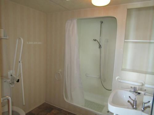 MetheringhamFenlake holiday accommodation的带淋浴和盥洗盆的浴室