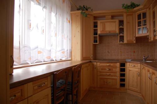阿德尔什帕赫Apartman Horni Adrspach的厨房配有木制橱柜、水槽和窗户。